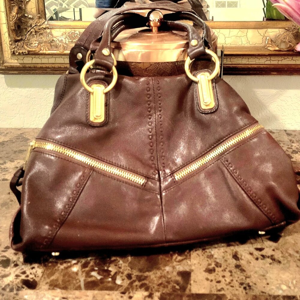 B Makowsky Brown Leather Gold Bling Purse Bag